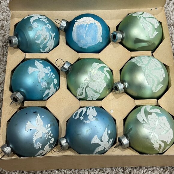 Vintage Green & Blue Christmas Glass Ornaments 9 With Dove & Bell Designs - Picture 5 of 5